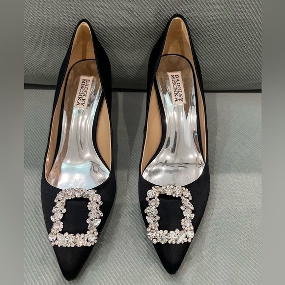 Badgley Mischka Shoes - Badgley Mischka Black Satin Pointed Toe Heels with Crystal Buckles